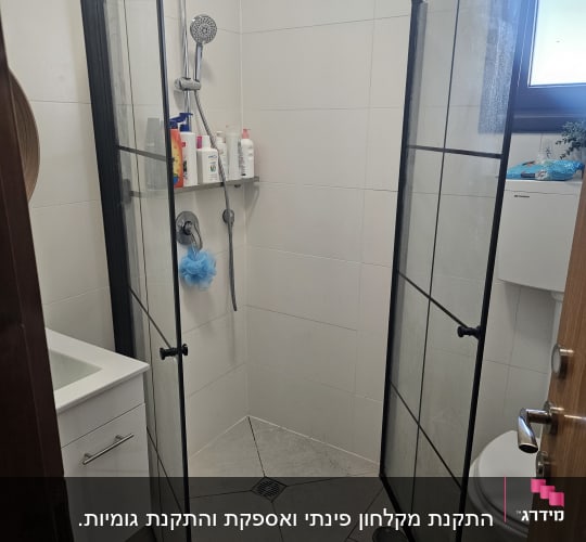 מקלחת עם ראש מקלחת, מדף עם מוצרי טיפוח, ספוג רחצה כחול